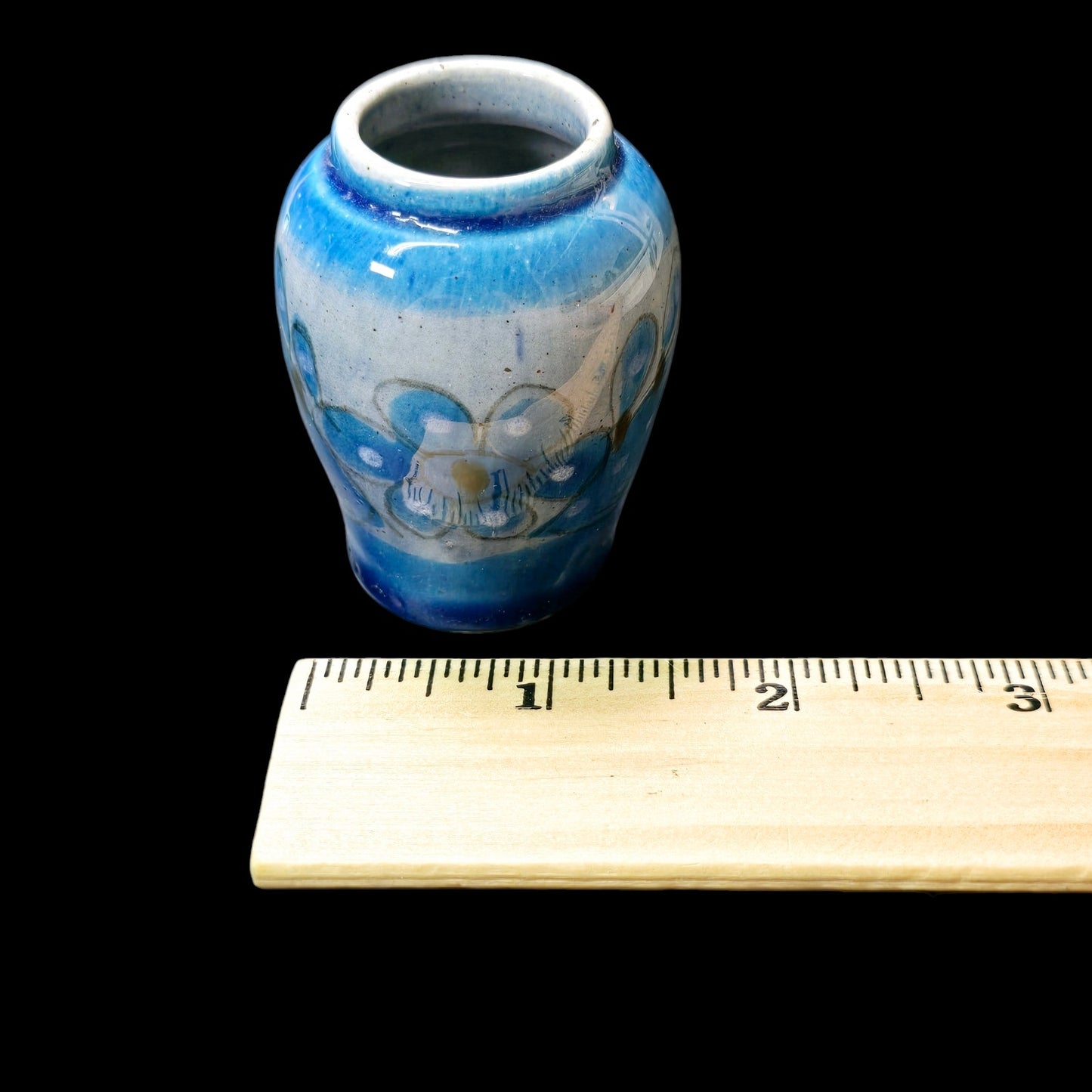 Miniature Stoneware Vase, Handpainted Bud Vase, Tiny Blue Floral Vase 2.25"