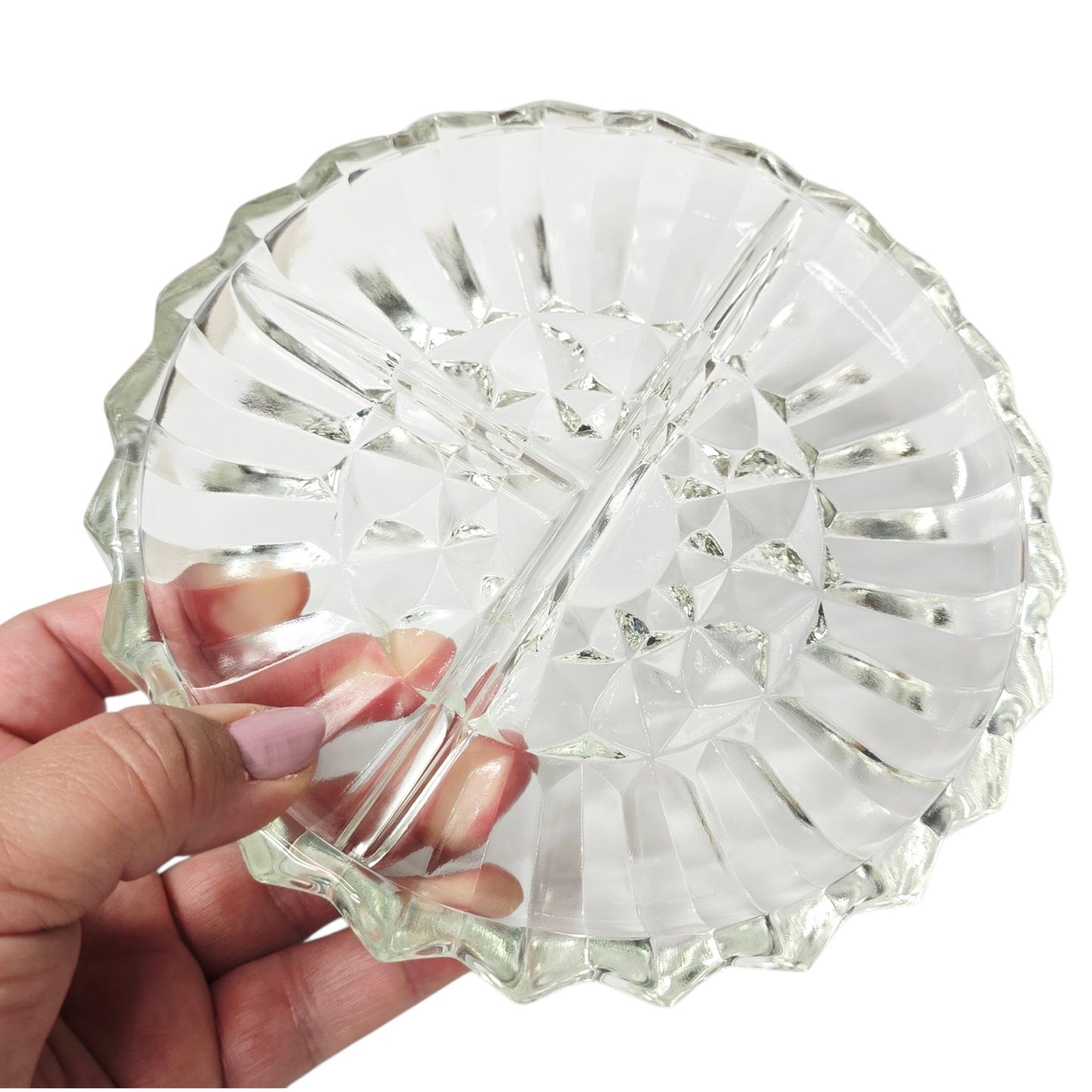 Vintage Pressed Glass Divided Relish Dish Clear Sunburst Pattern AS IS Read