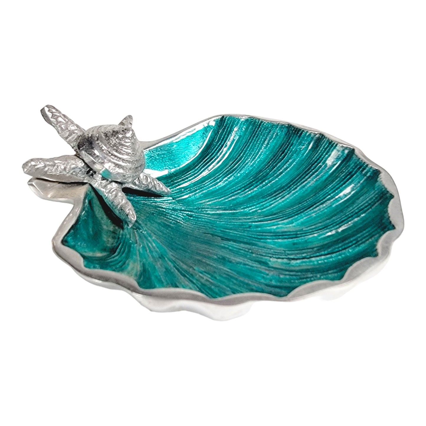 Teal Embelished Coquilles Scallop Shell Trinket Dish with Metal Starfish Shell