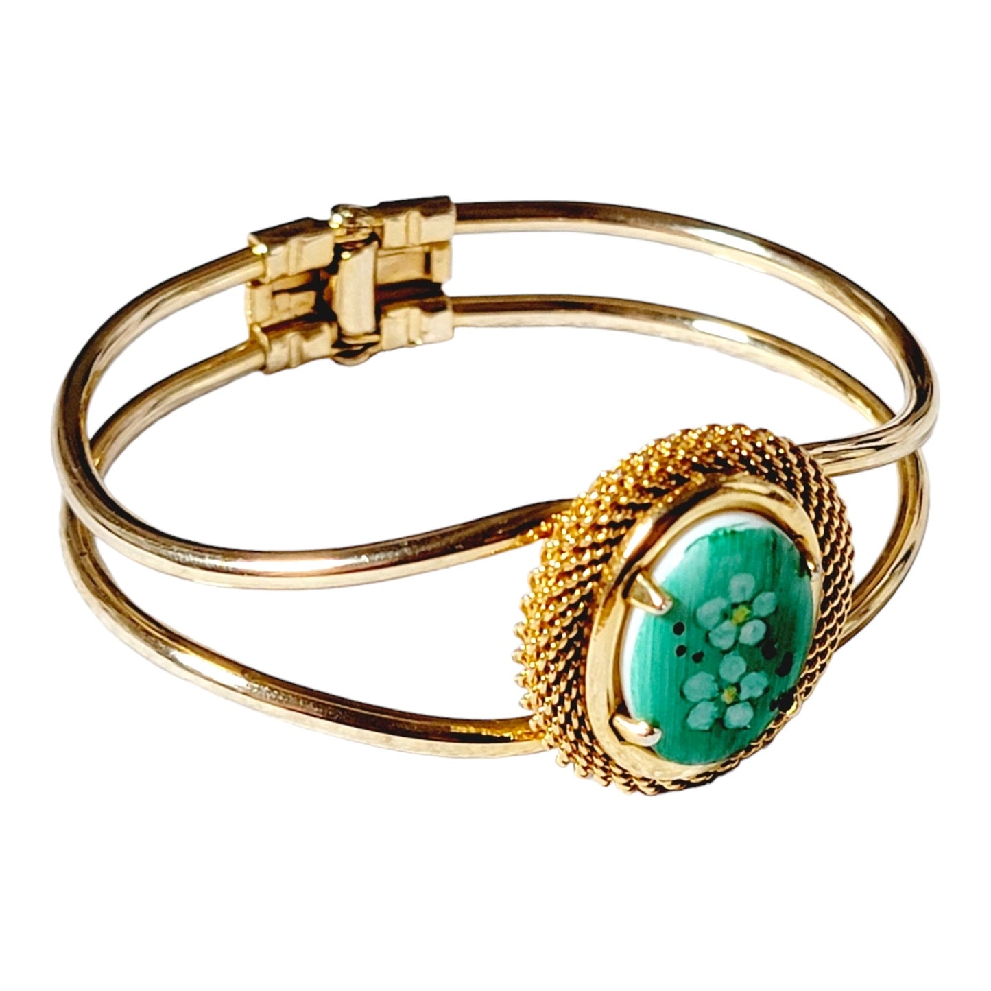 Gold Tone with Green Handpainted Oval Stone Hinged Bracelet Fashion Jewelry