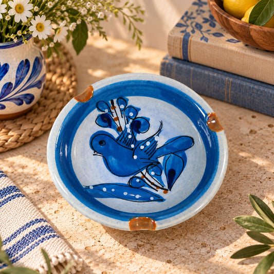 Vintage Tonala Mexico Art Pottery Blue Bird Trinket Dish Signed Folk Art
