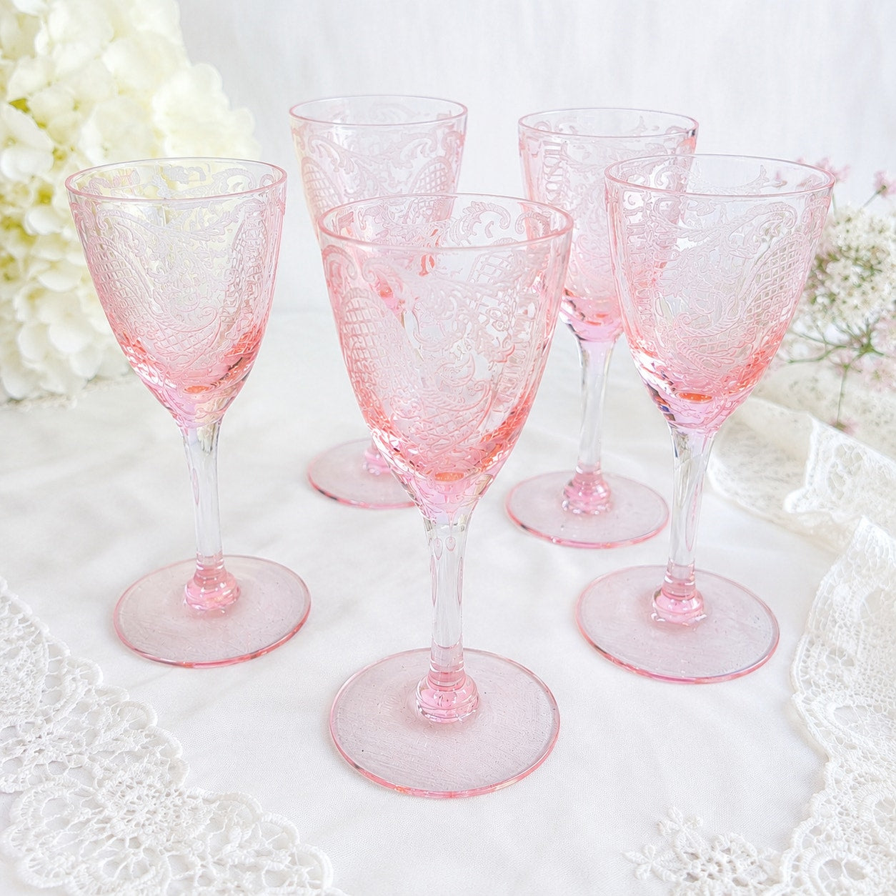 Rare 1929 Cambridge Glass Etched Pink Cordials Etch 740 Stem 3050 Set of 5