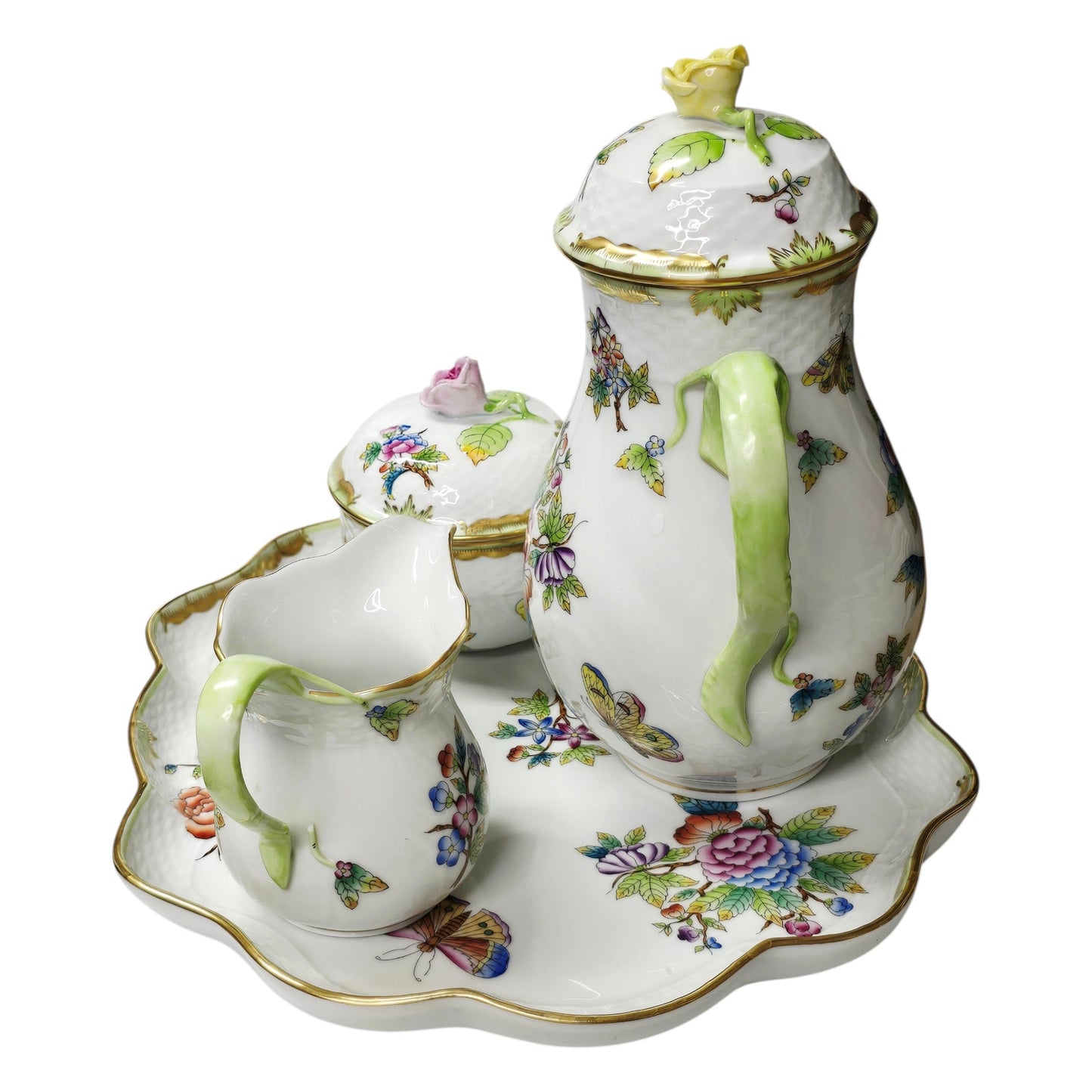 Herend Queen Victoria VBO 4-Pc Set - Pot, Tray, Creamer, Lidded Sugar - 24k Gold