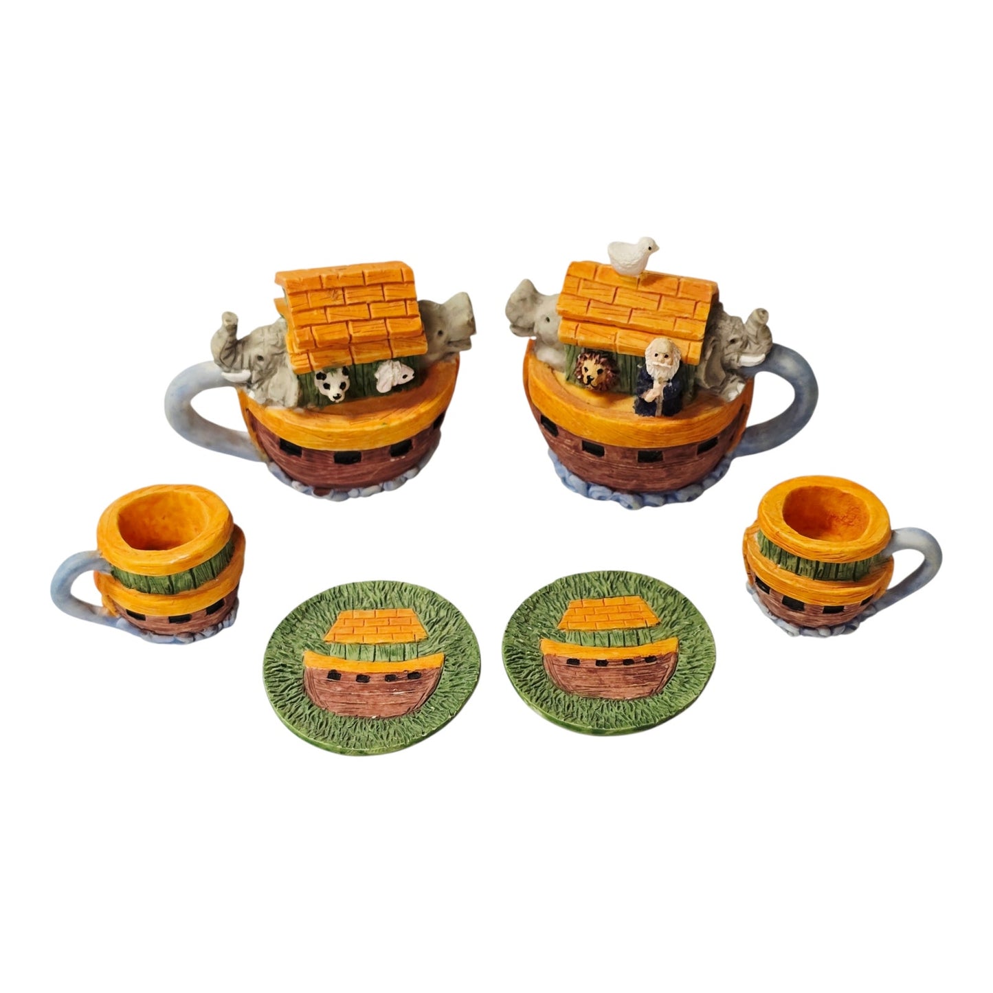 Miniature Ceramic Noah's Ark Tea Set 6pc Hand-painted Animals 2 Teapots Figurine