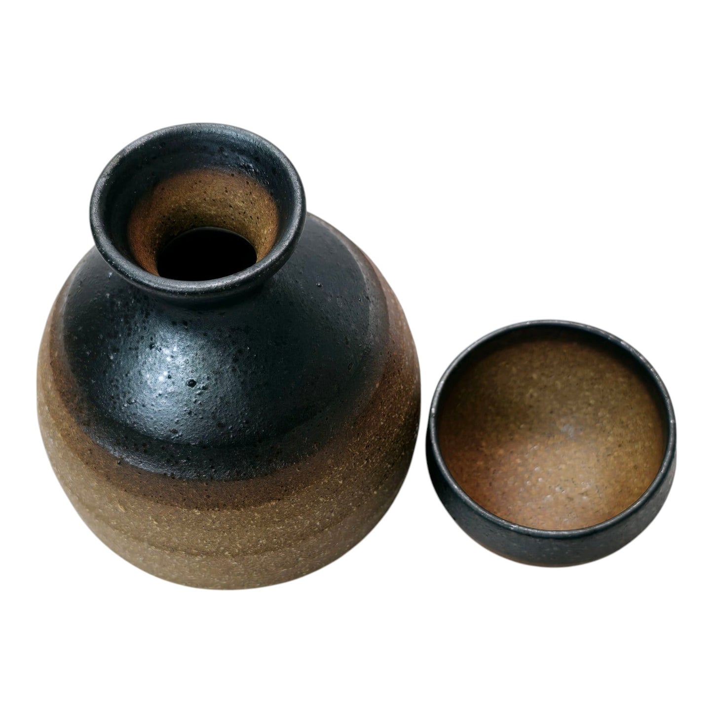 Stoneware Art Pottery Tumble Up / Sake Set Brown Beige Glossy Rim, Raw Stoneware