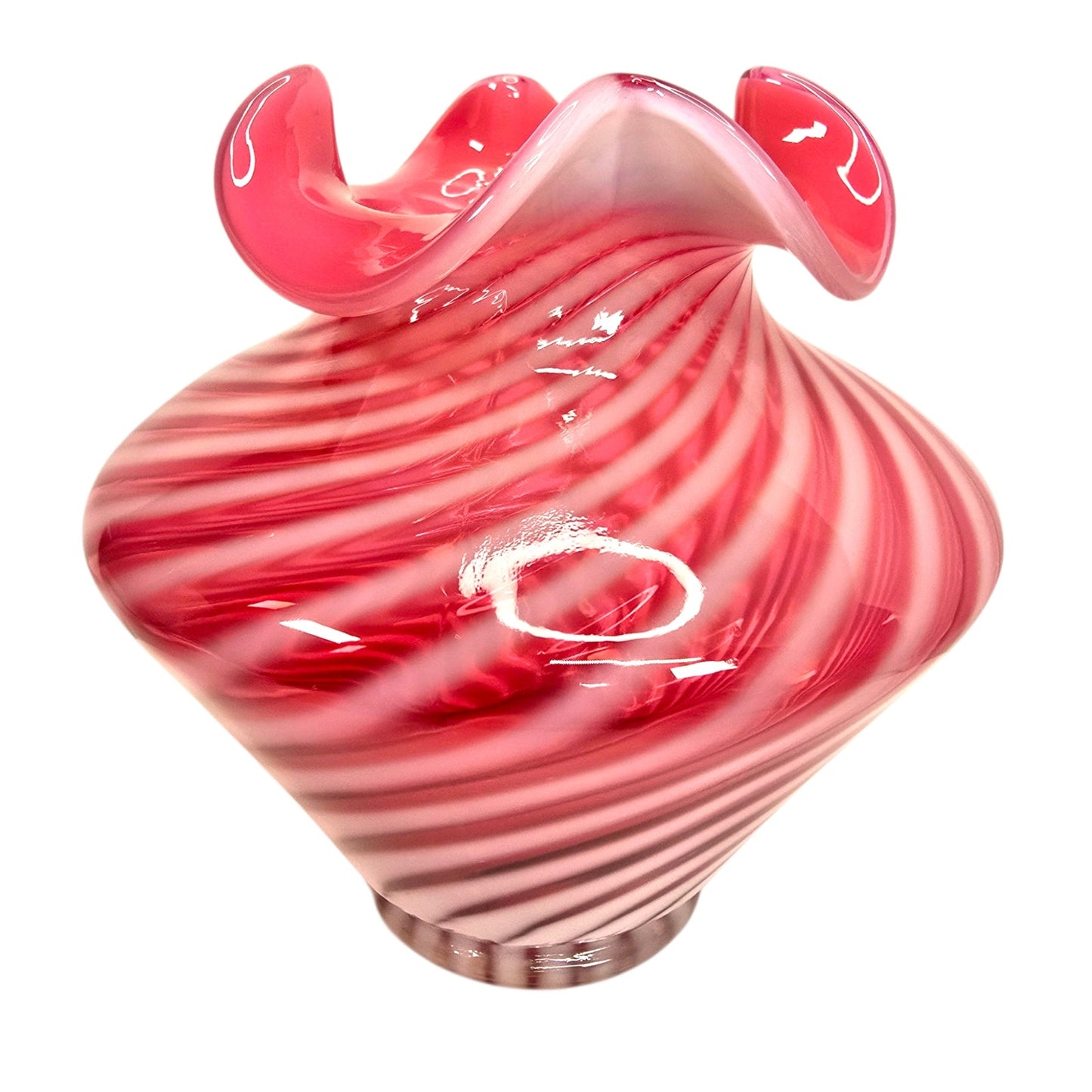 Fenton Cranberry Opalescent Swirl Glass Vase Ruffled Rim Vintage Pink