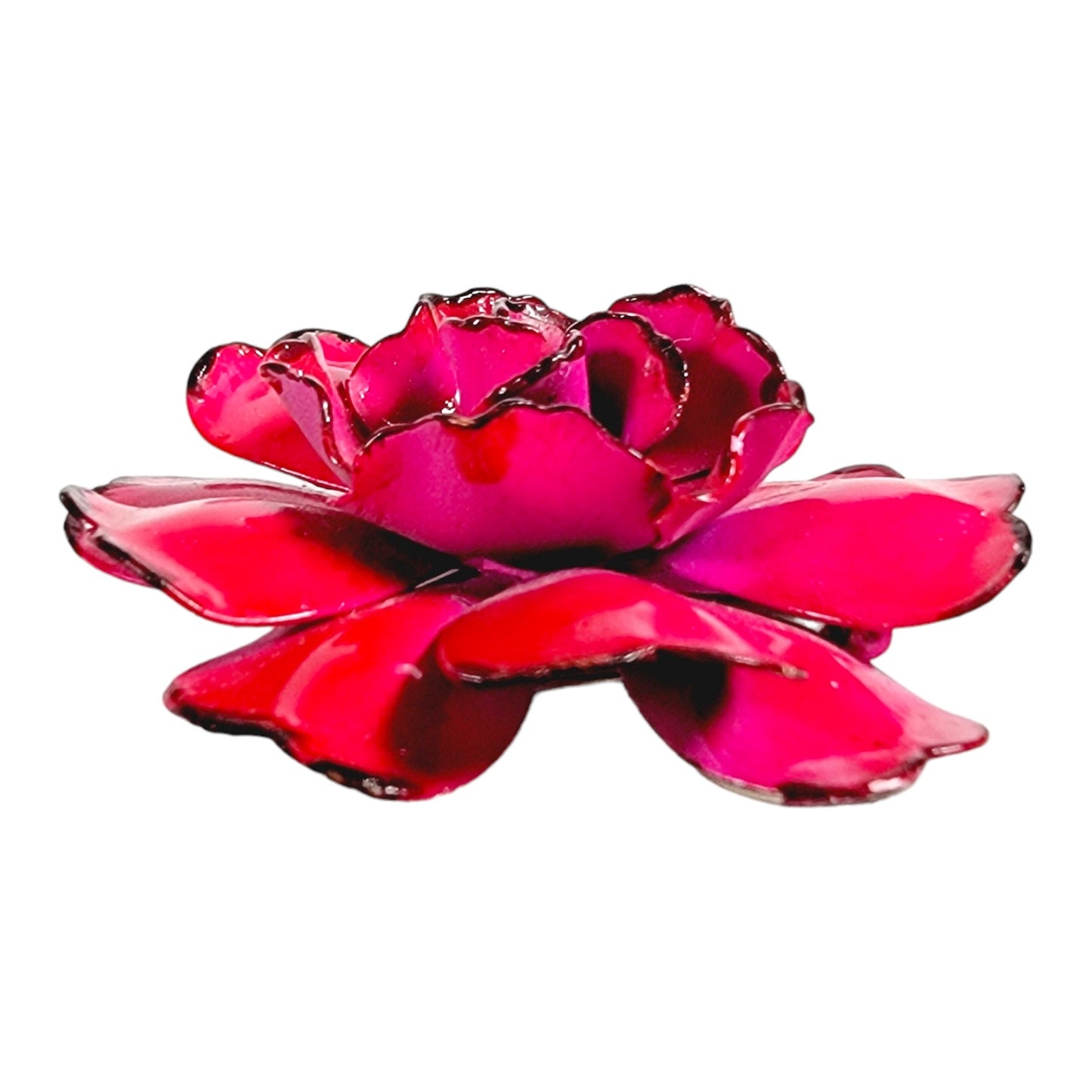 Vintage Red Rose Handpainted Metal Brooch with Slight Patina Underside 2.25" W