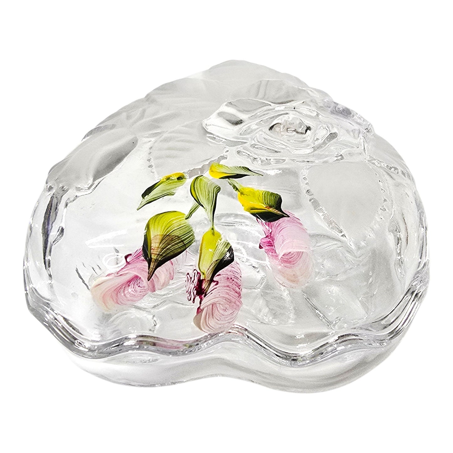 Hand-Painted Vintage Glass Heart Trinket Box | Frosted Embossed Rose Valentine's