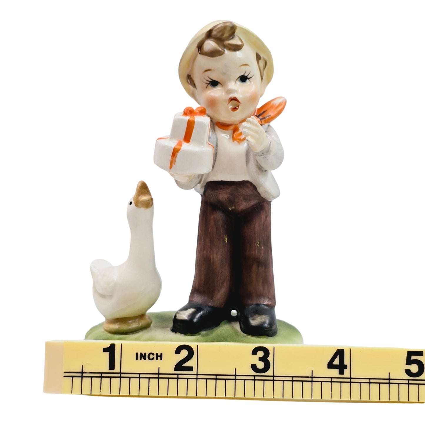 Vtg FLAMBRO Collectors Choice Series, Singing Boy with Present & Duck Figurine