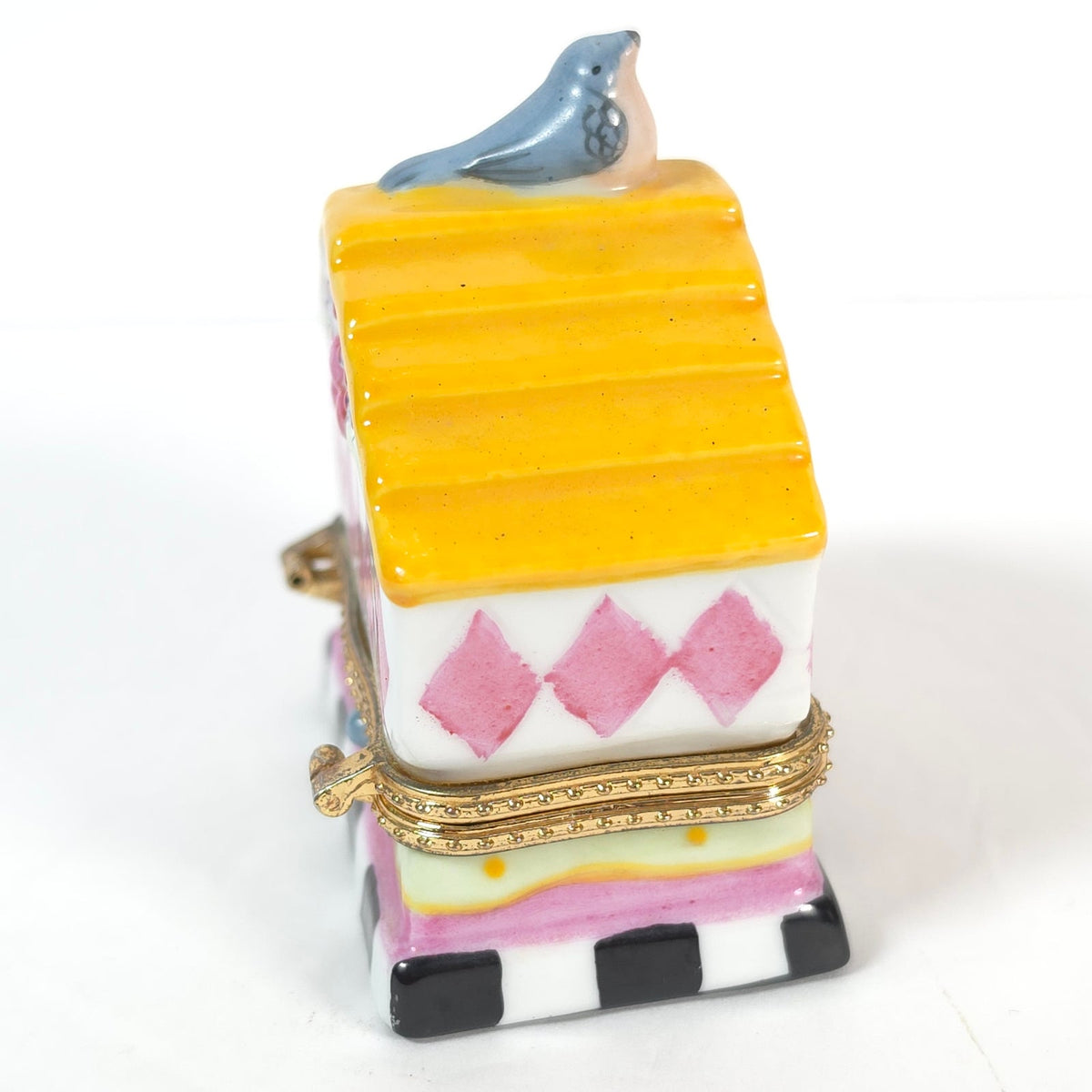 Bluebird Birdhouse Ceramic Hinged Trinket Box Yellow Roof Pink Diamonds