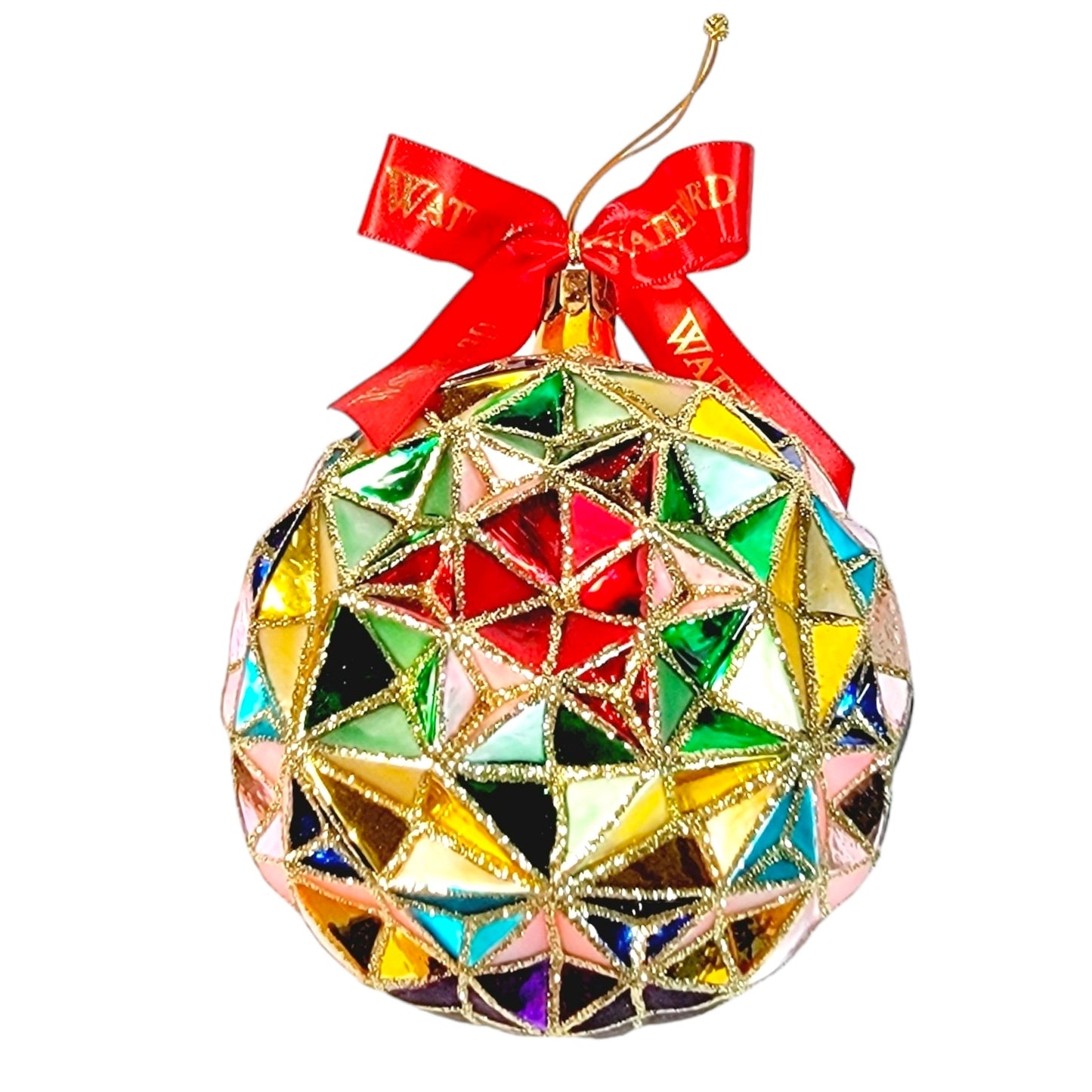 Waterford Christmas Holiday Heirloom Ornament Faceted Multi-Colored Red Ribbon Gold Glitter 5"