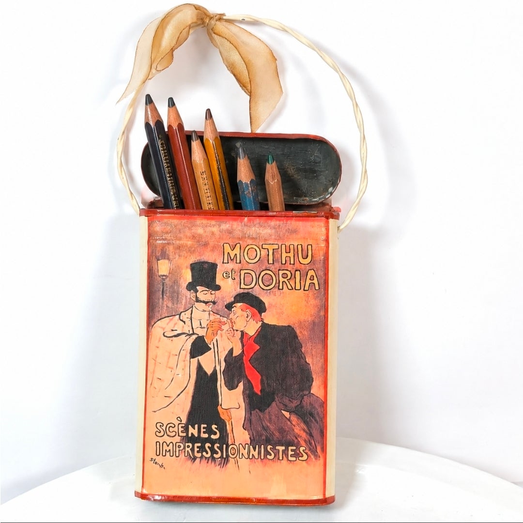 Steinlen Mothu et Doria Hanging Tin Wall Pocket Match Pencil Holder French Art