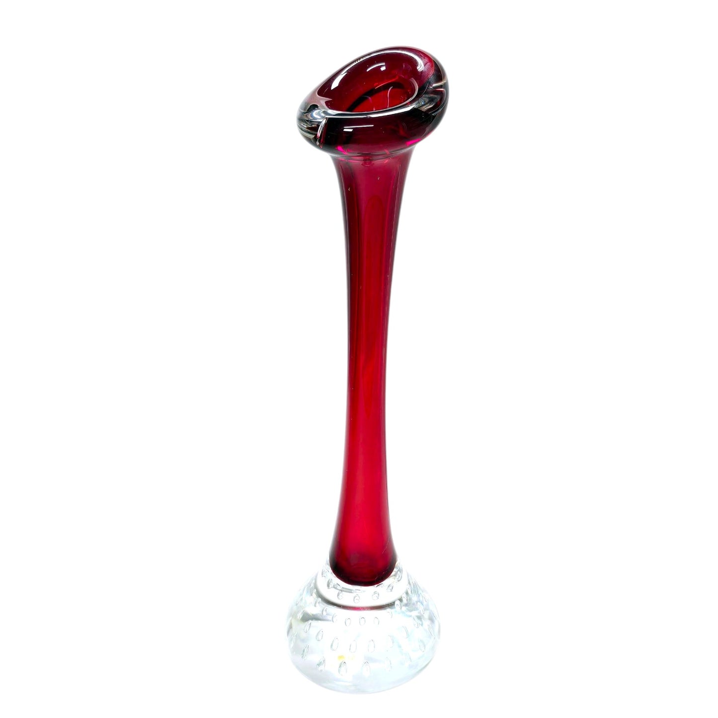 Vintage Swedish Art Glass Red Bud Vase by Aseda Controlled Bubble Clear Base