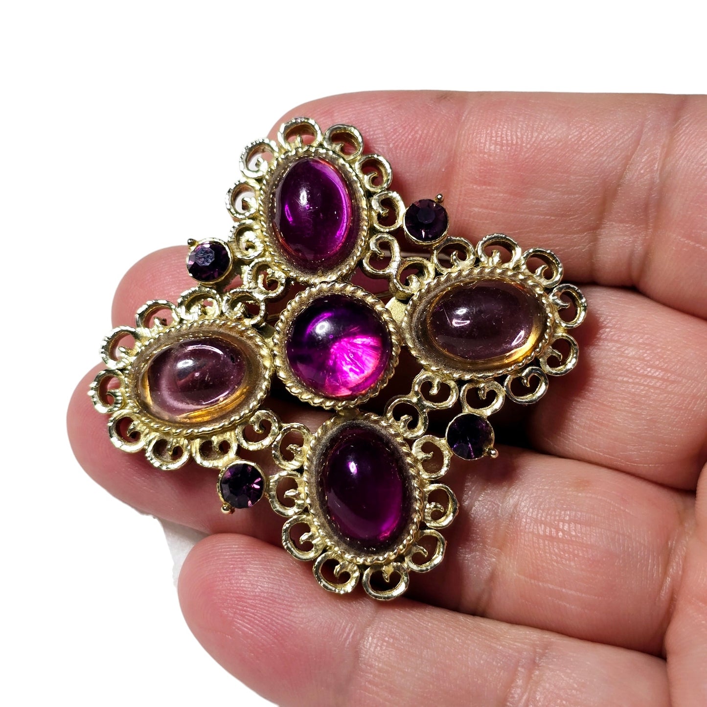 Vintage Maltese Cross Purple Rhinestone Brooch