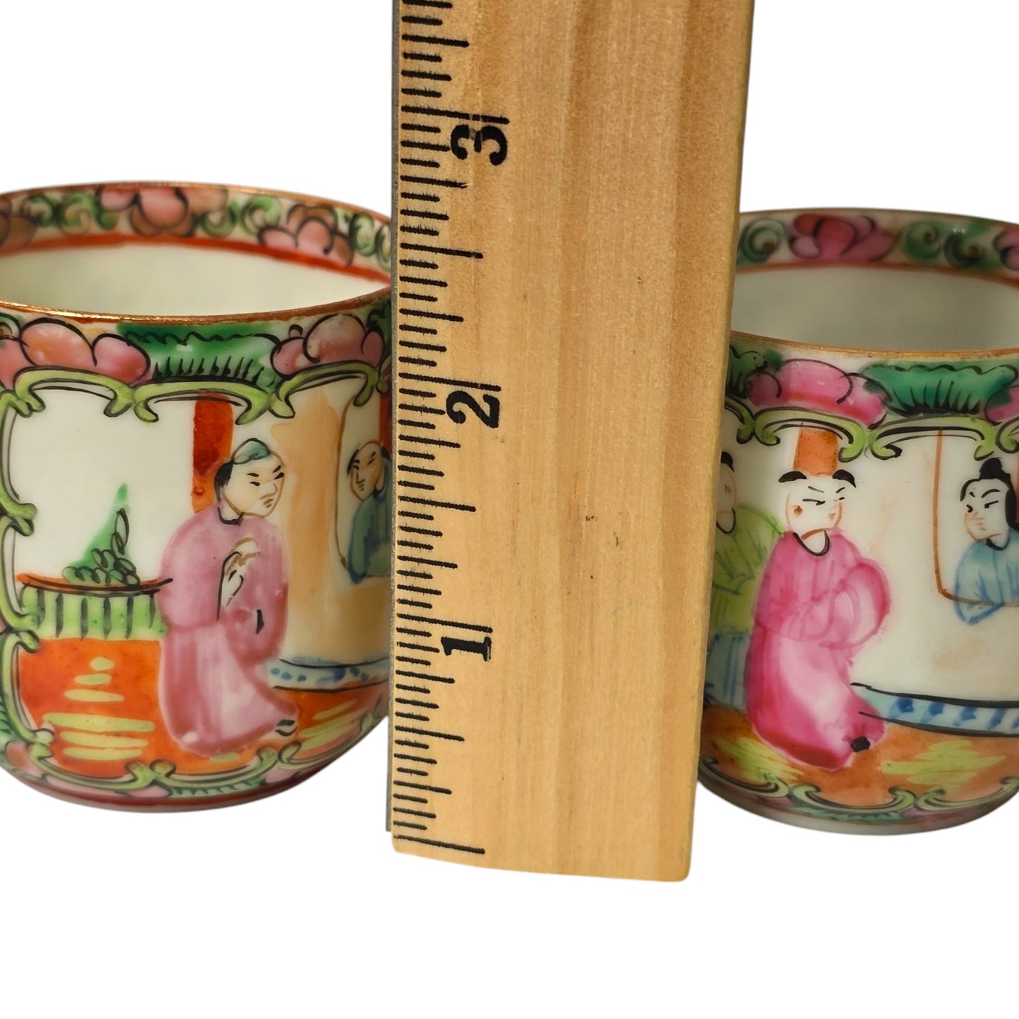 Chinese Famille Rose Medallion Tea Cups Set of 2 Made In China Stamp 2” H