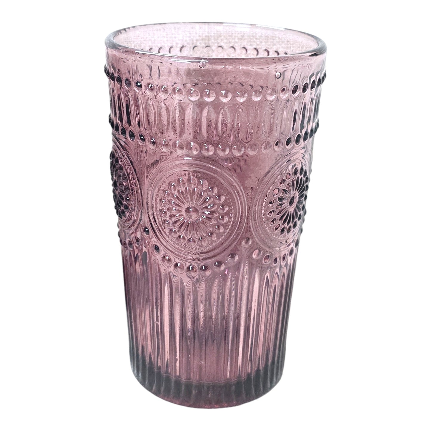 Pioneer Woman Plum Stemmed Glass Lot Raised Pressed Glass Goblet, Water Glass and Dessert Cup