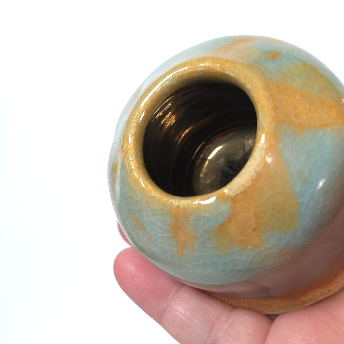 Handmade Student Pottery Mini Vase Blue Tan Copper Tone Interior Signed