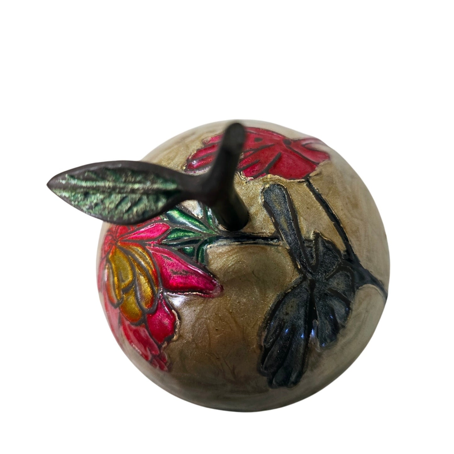 Vintage Cloisonne Enamel Brass Apple Trinket Box With Lid Floral Fruit Farmhouse
