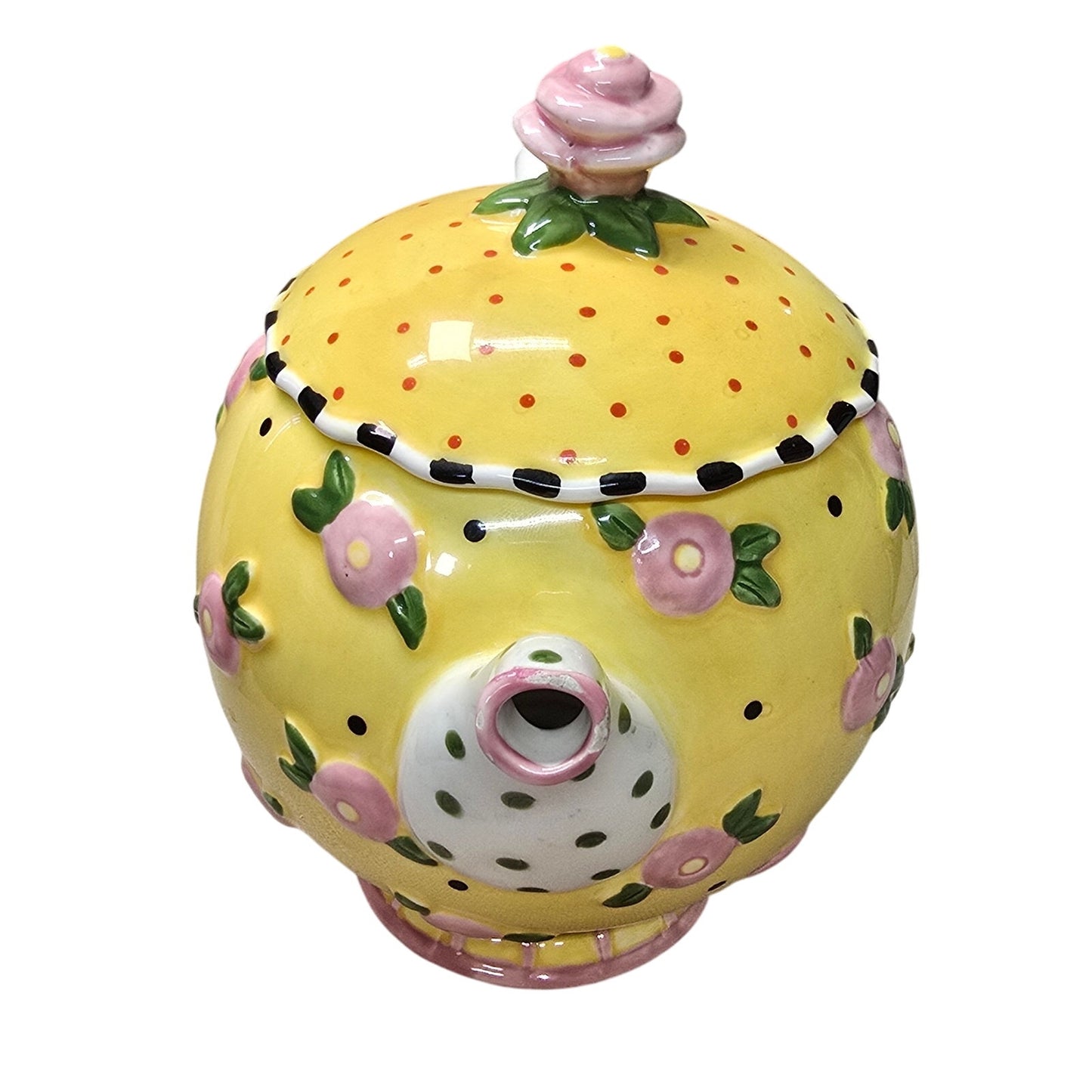 AS IS VTG 1997 ME Mary Engelbreit Ceramic Teapot, Yellow Pink Flower 8”, Flaw
