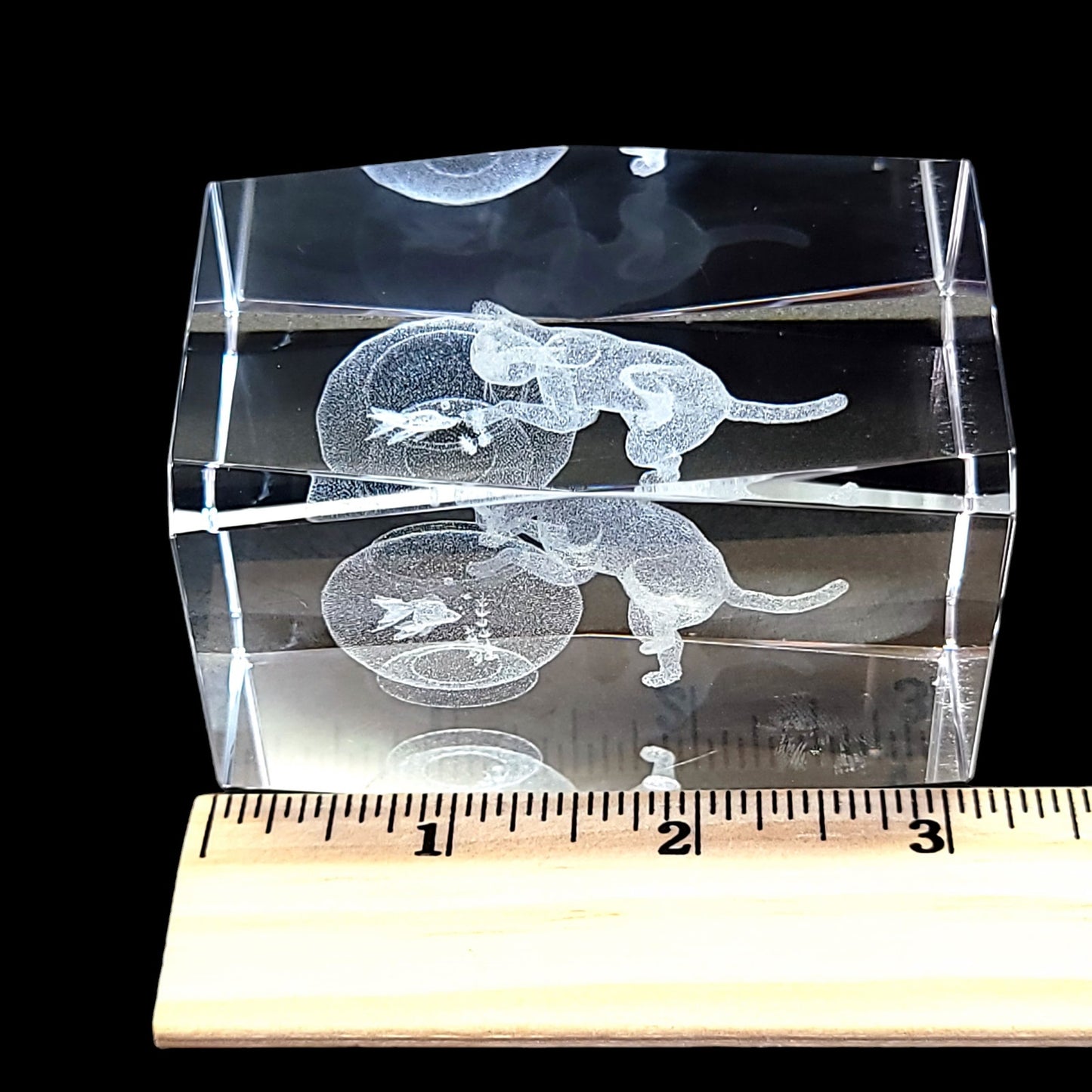 Cat Peering into Gold Fish Bowl 3D Laser Etched Crystal Paperweight in Box 3 x 2 x 2" Original Box