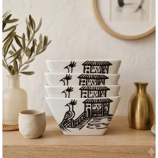 World Market Set of 4 Square Noodle Bowls Asian Pagoda Bird Japandi Boho Minimal