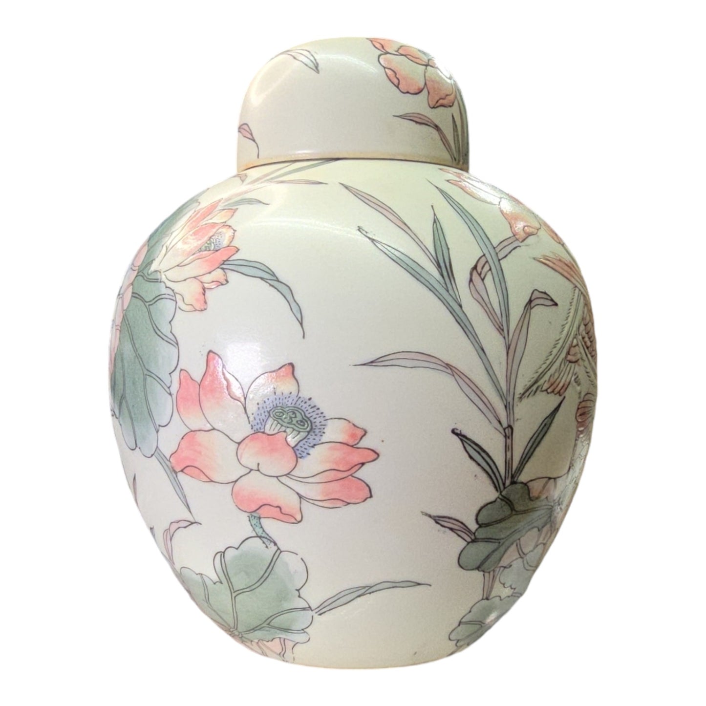 Vintage Asian Porcelain Ginger Jar with Lid, Floral Pattern with Birds in Pastel Mint and Peach