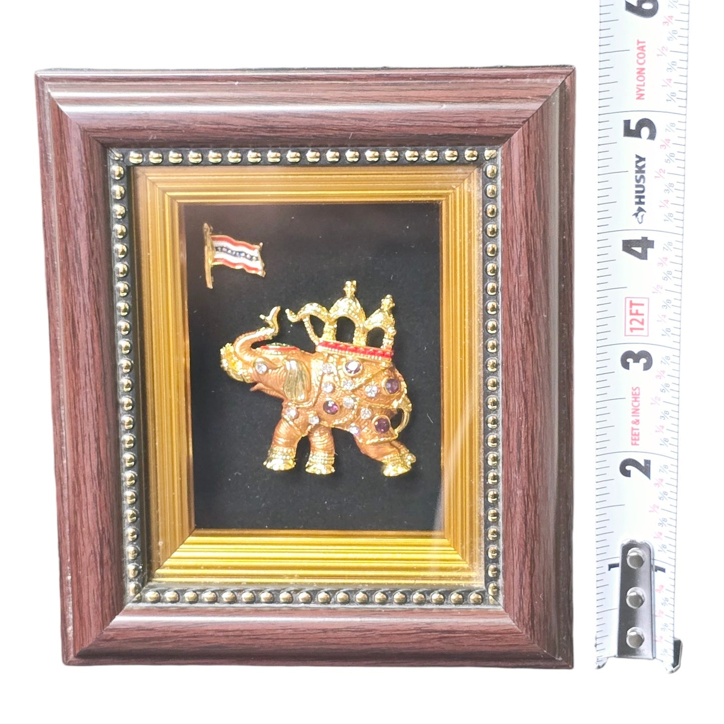 Vtg Thailand Jeweled Enameled Elephant with Rhinestones Shadow Box Framed Wall Decor