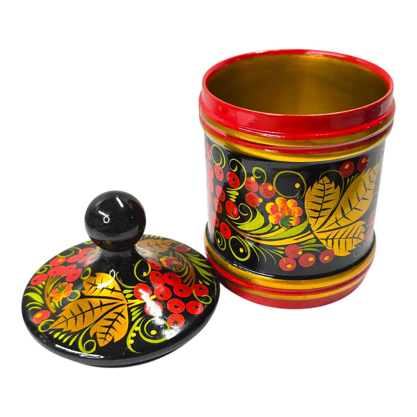 Vtg Russian Khokhloma Painted Wooden Lidded Jar Black Red Gold Floral Folk Art