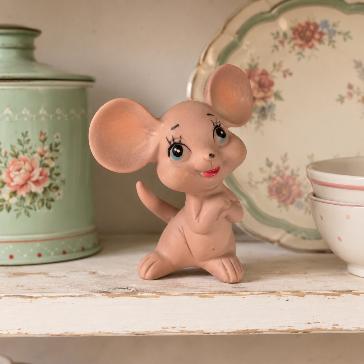 Vintage Kelvin Pink Mouse Figurine Mid Century Bisque Thinking Mouse Kitsch Cute
