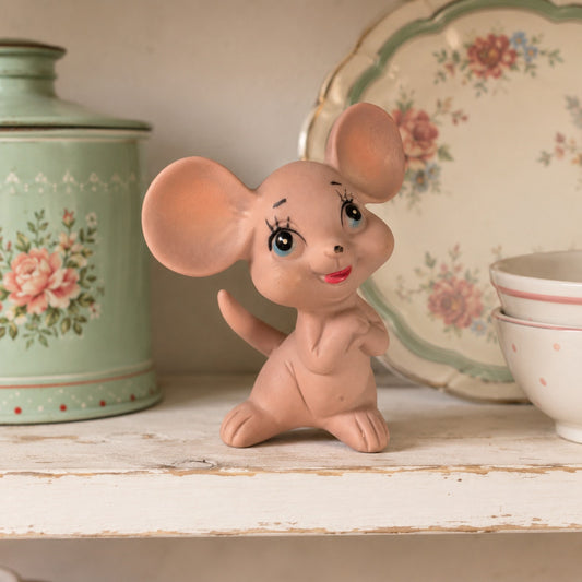 Vintage Kelvin Pink Mouse Figurine Mid Century Bisque Thinking Mouse Kitsch Cute