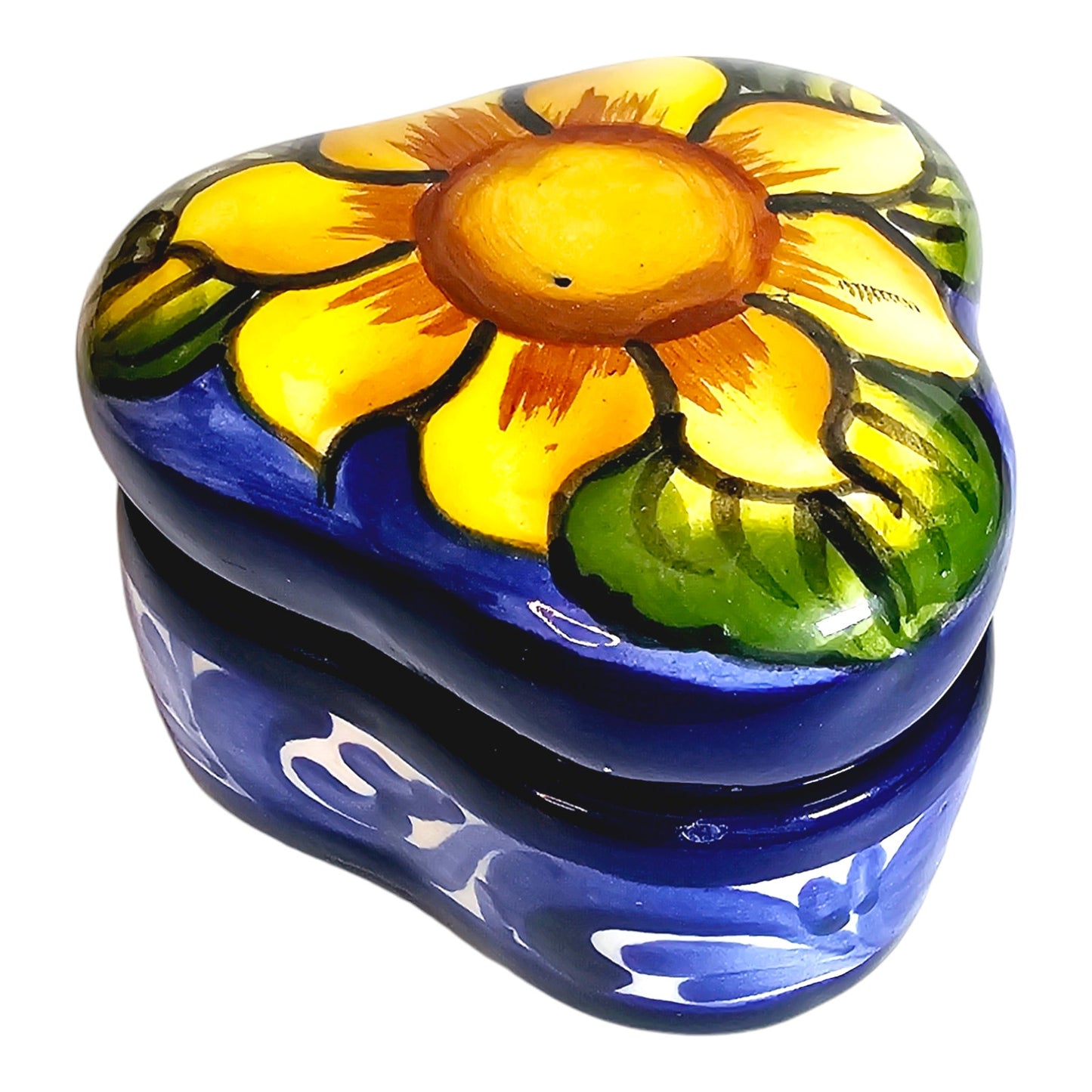 Hand-Painted Mexican Pottery Sunflower Lidded Trinket Box, El Salvador