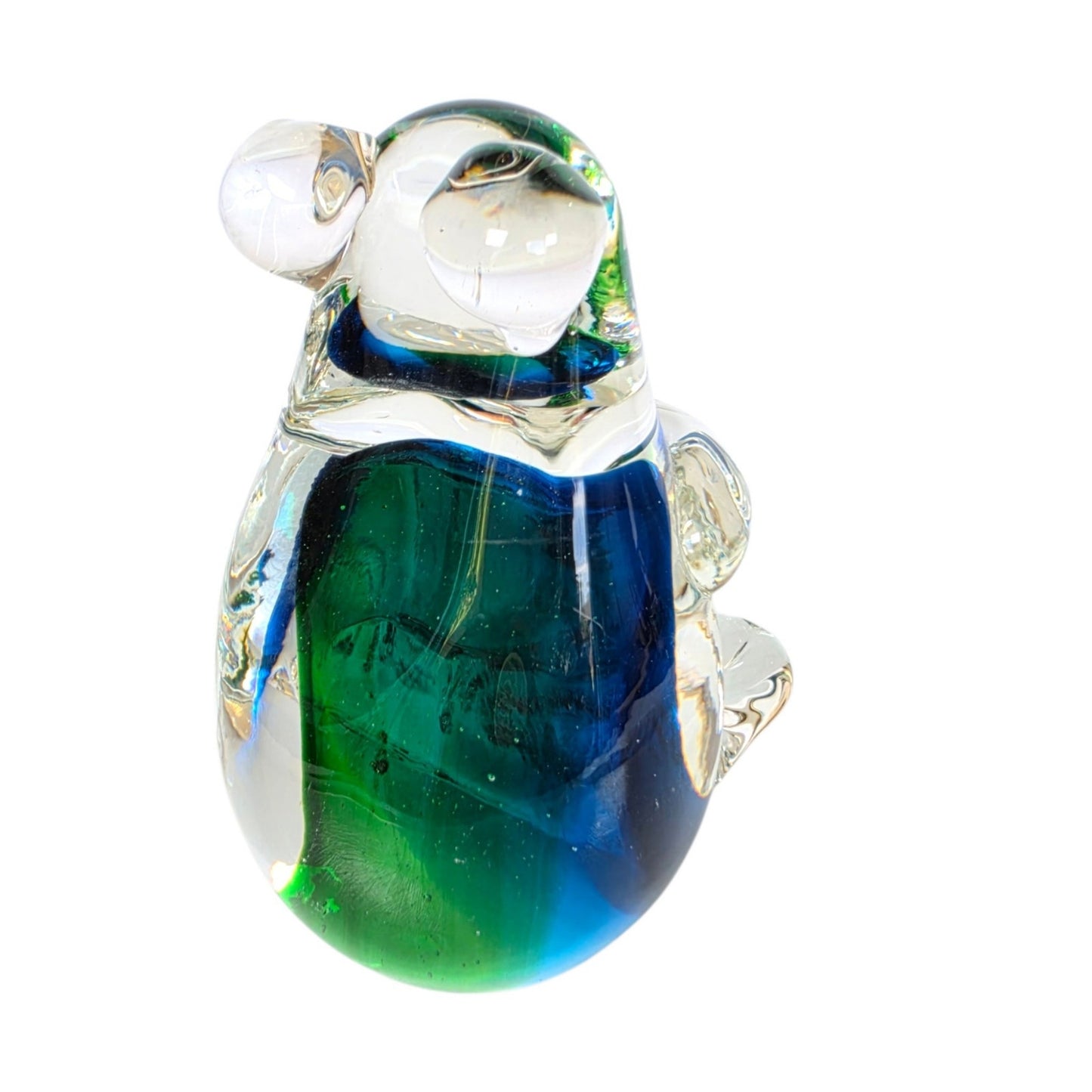 (Reserved for Customer) Vintage Art Glass Mouse? Koala? Figurine Paperweight Blue Green Cased Clear