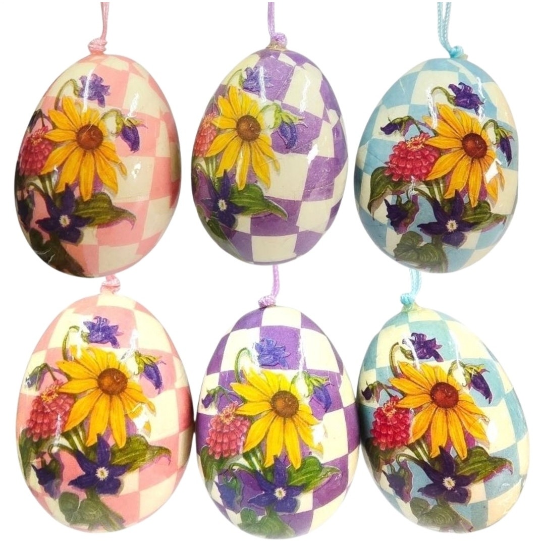 Set of 6 Vintage Easter Eggs Decoupage Paper Mache Ornaments Shabby Chic