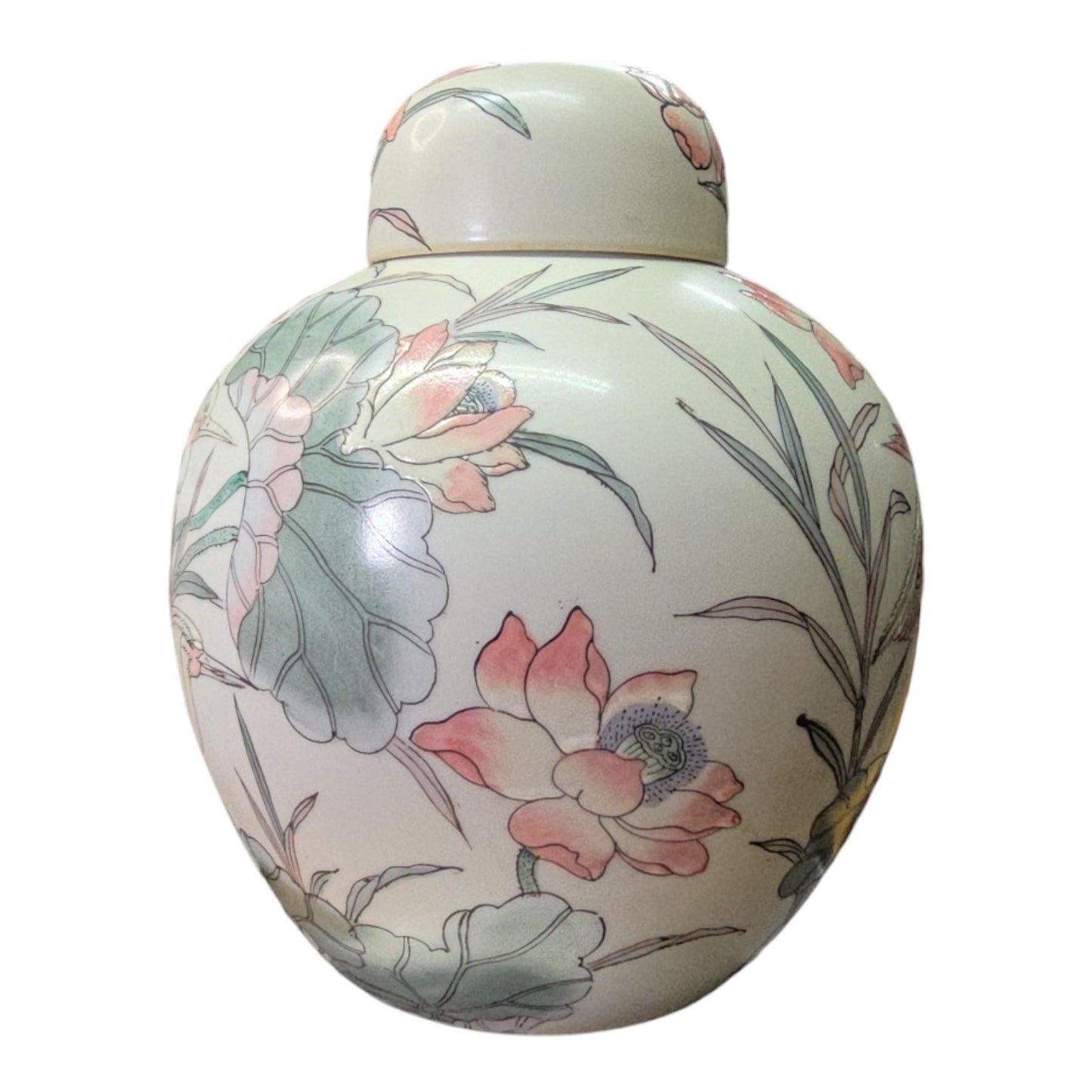 Vintage Asian Porcelain Ginger Jar with Lid, Floral Pattern with Birds in Pastel Mint and Peach