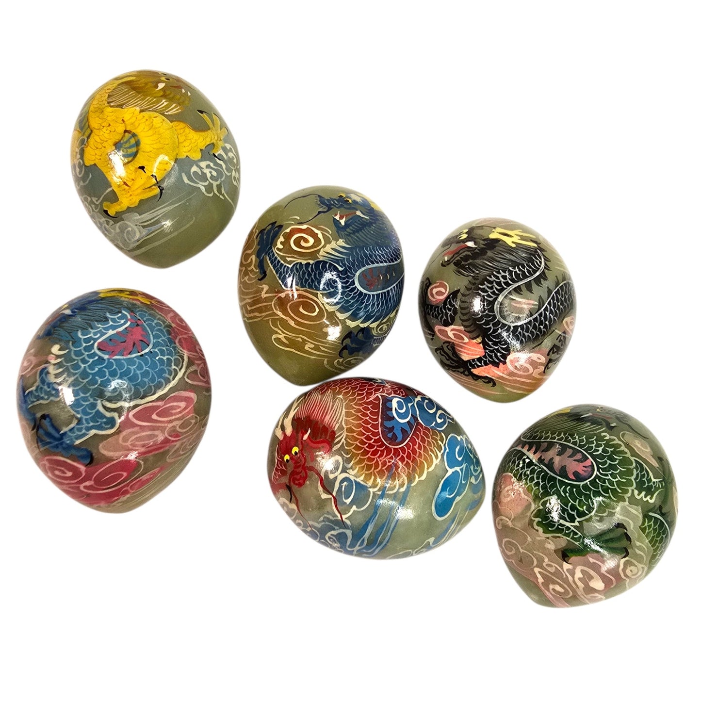 Vtg Set of 6 Chinese Hand Painted Dragon Eggs Green Marble Stone w/ Stands & Box