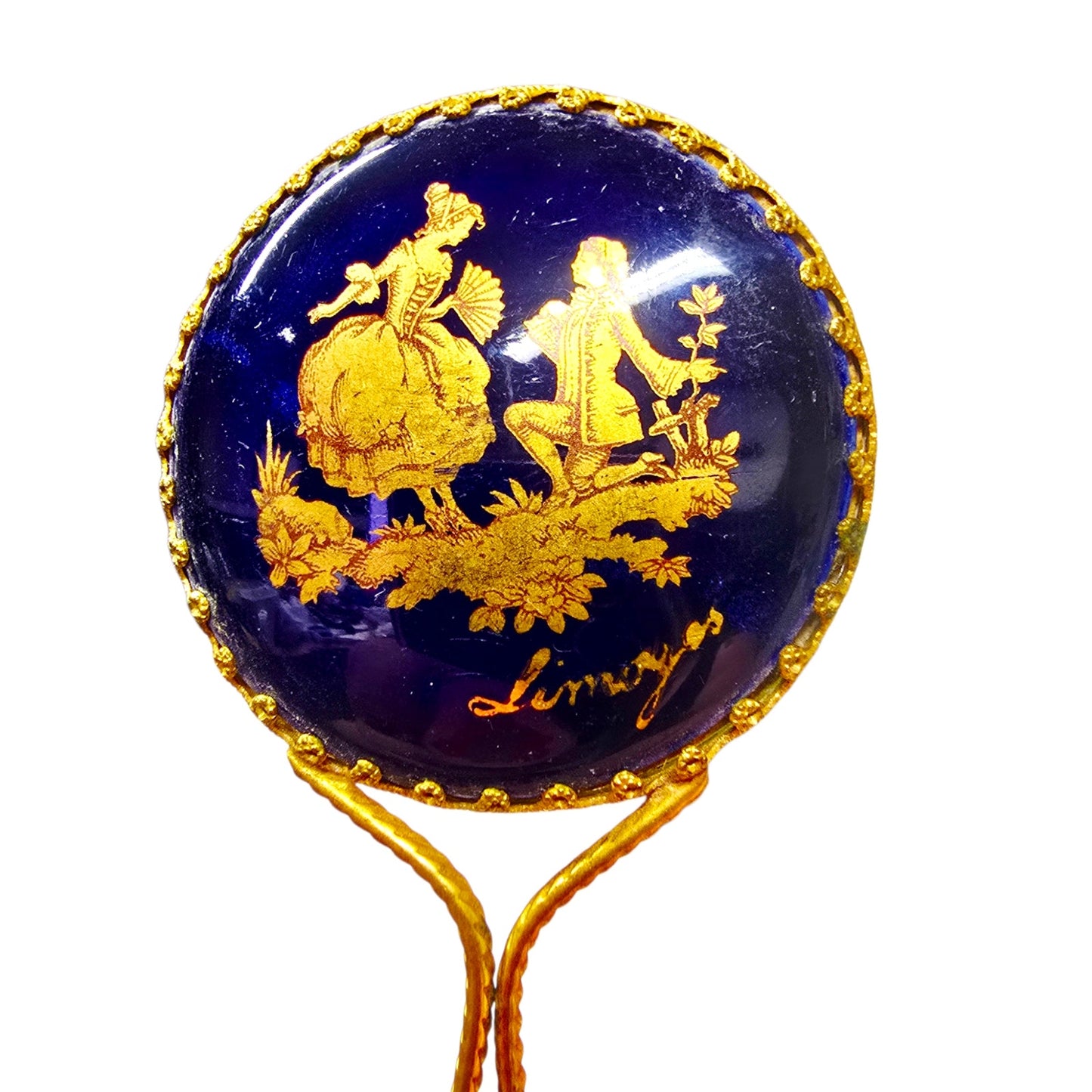 Vintage Limoges Porcelain Hand Mirror Courting Couple Scalloped Beaded Filigree