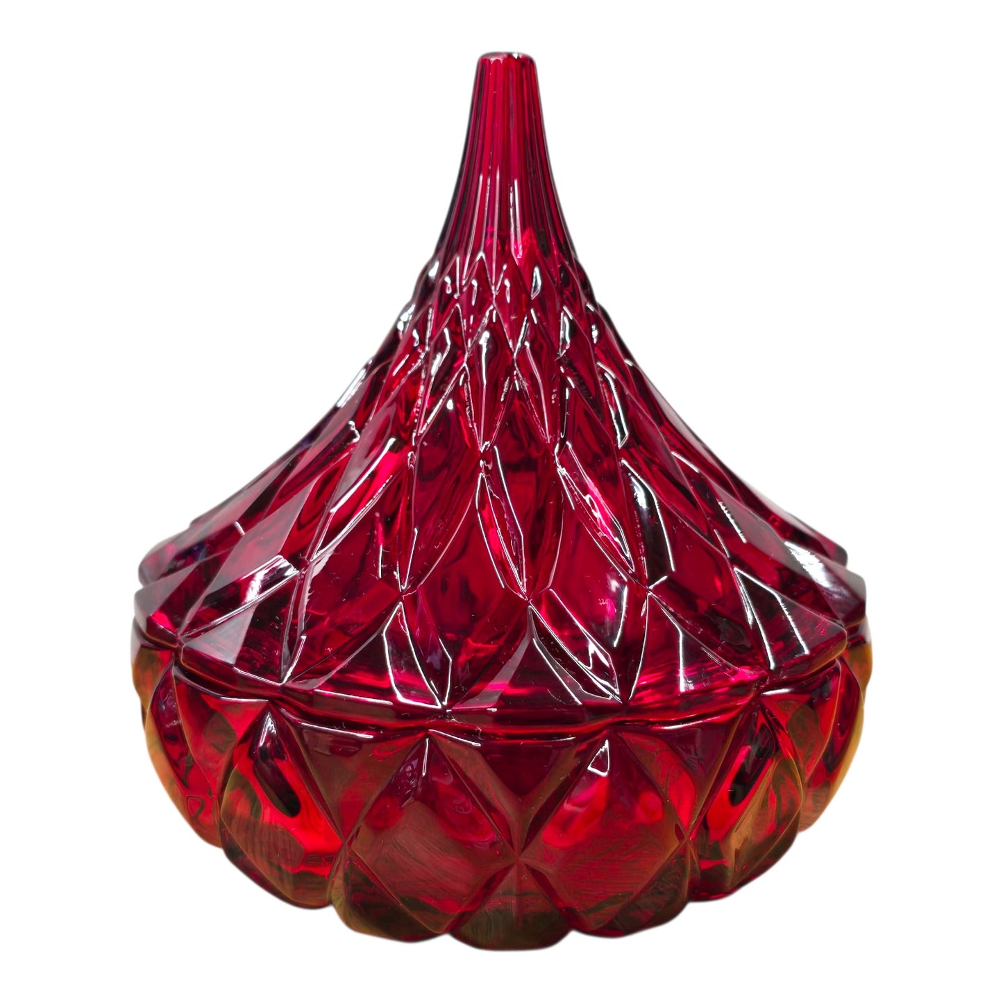 Hershey's Kisses Ruby Red Flash Pressed Glass Candy Dish w/ Lid Diamond Point