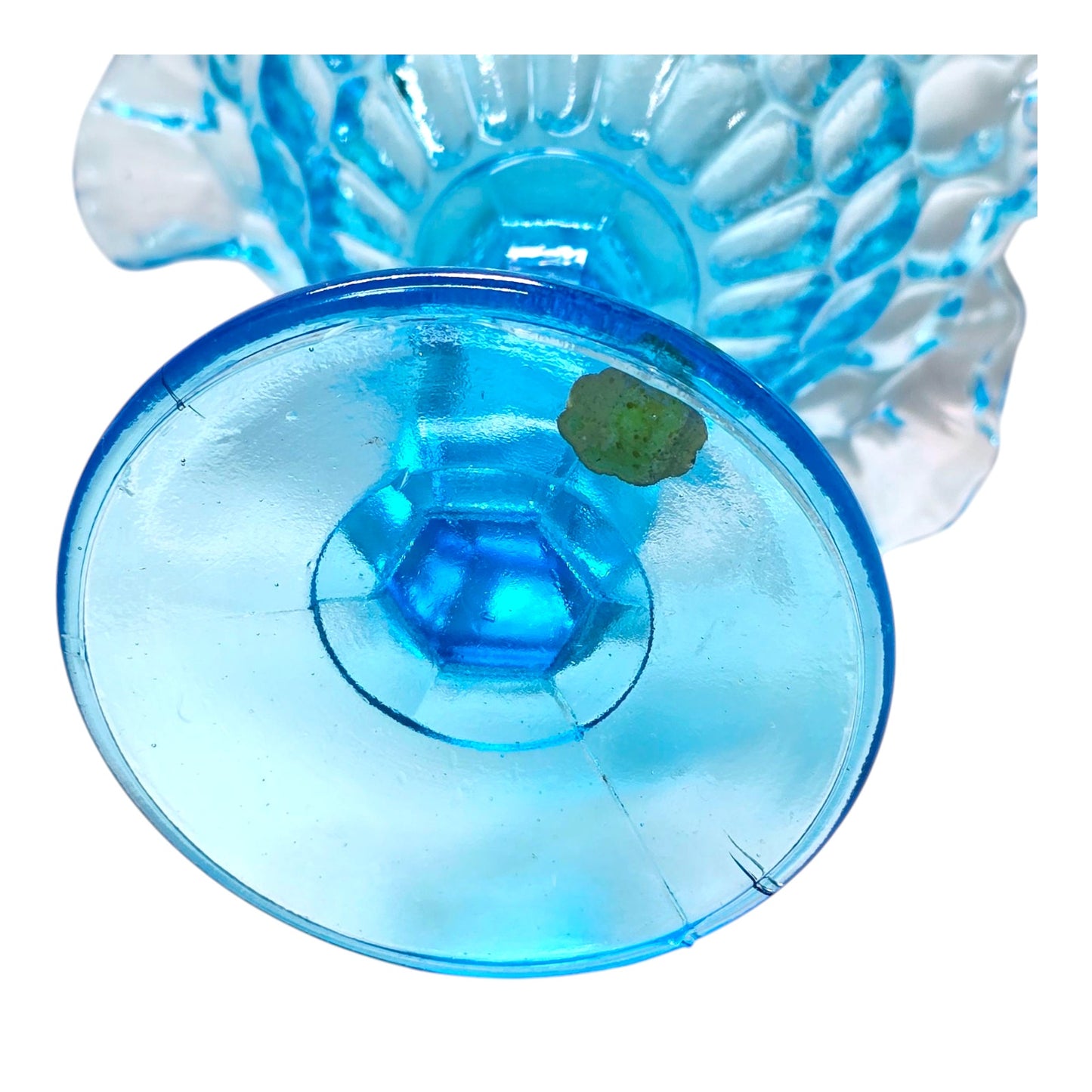 AS IS Fenton Blue Ruffled Pedestal Compote Coin Dot Candy Dish Glows Manganese