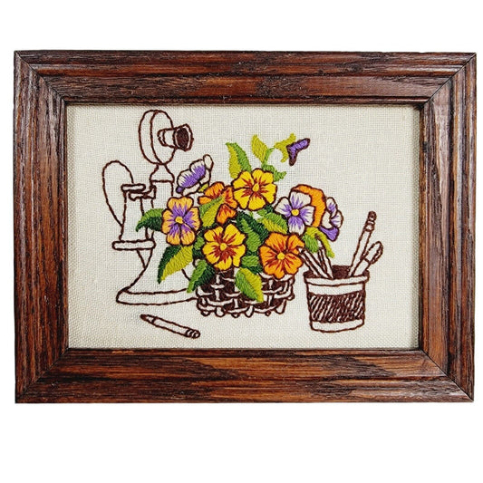 Vtg Framed Pansies Floral Needlepoint Crewel Embroidery Art Flowers Phone Pencil