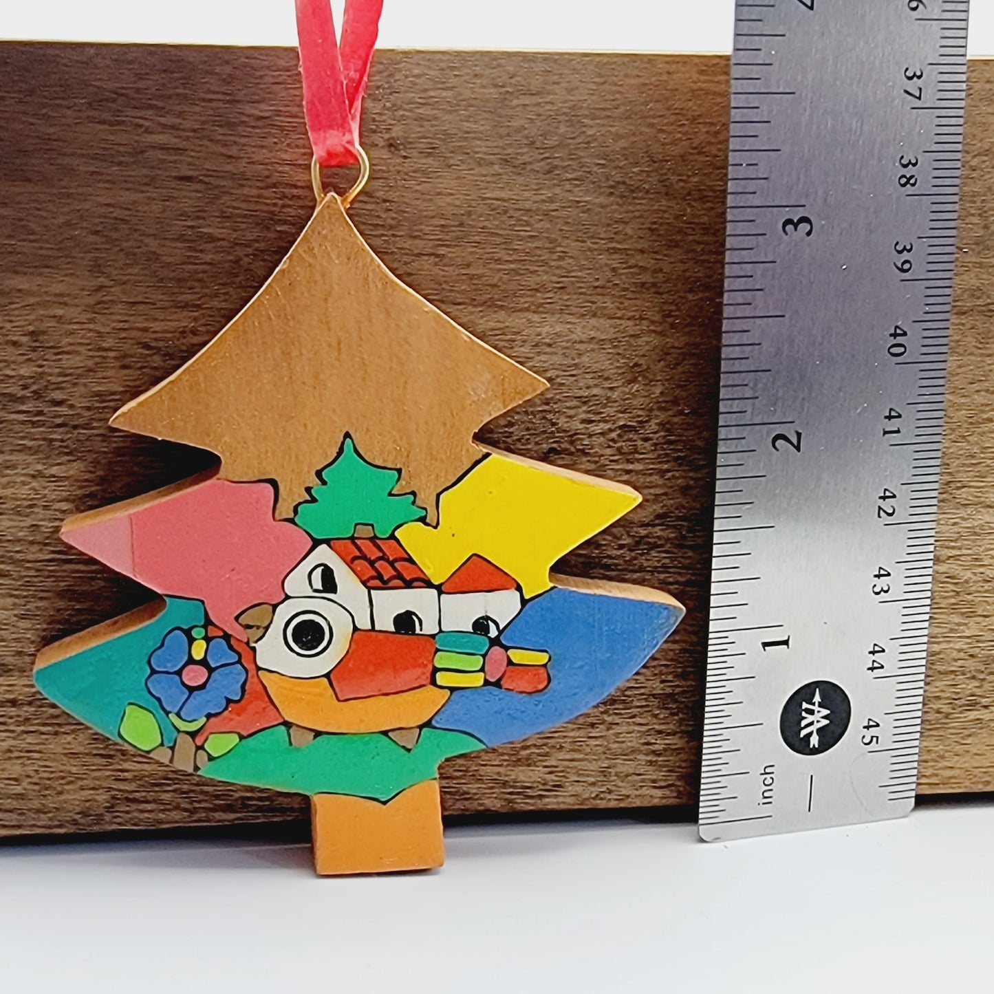 Vintage Handpainted Wooden Christmas Tree Ornament Bird House Village Scene 3"