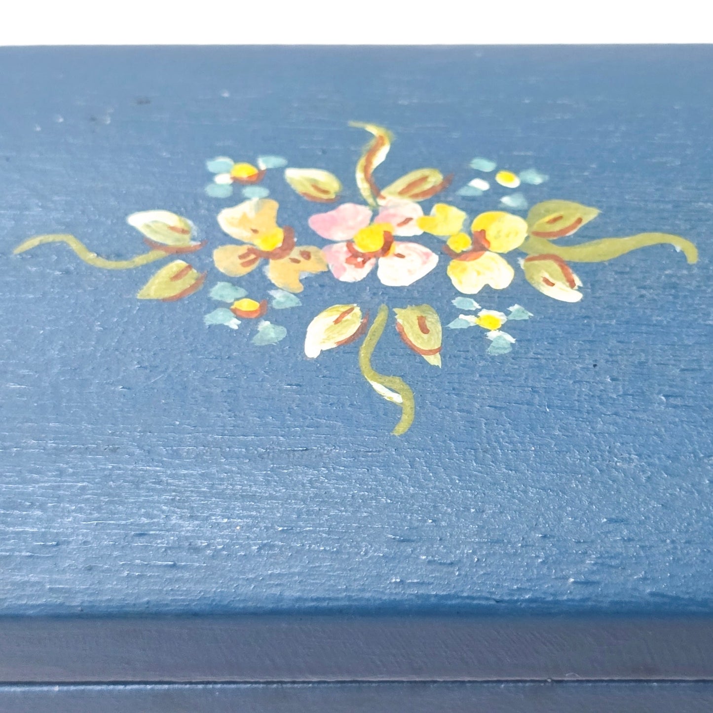 El Salvador Hand-Crafted Hinged Wooded Box, Floral Painted Blue Wooden Box