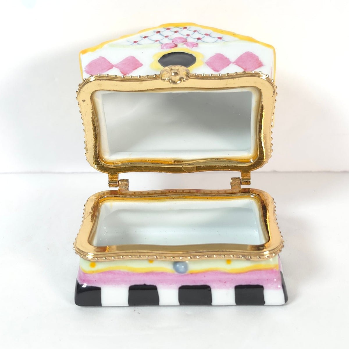 Bluebird Birdhouse Ceramic Hinged Trinket Box Yellow Roof Pink Diamonds