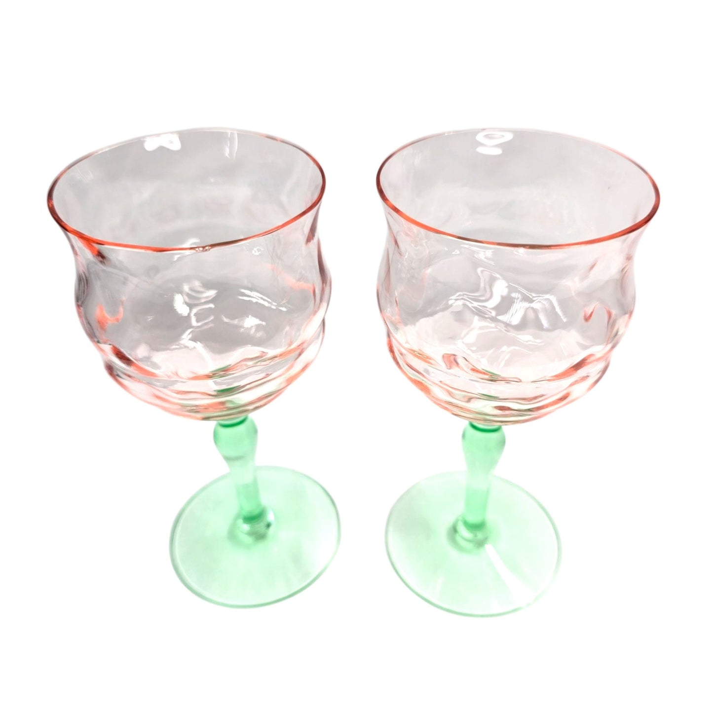 AS IS Tiffin Watermelon Uranium Glass Cocktail Coupe Champagne Glasses Set of 2