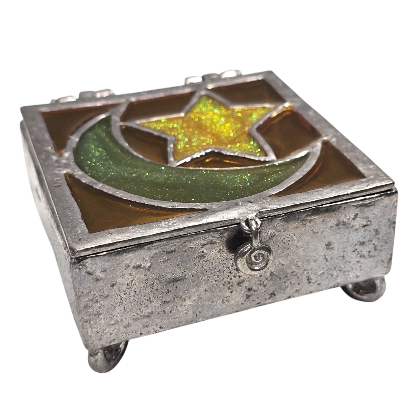 Vtg Stained Glass Moon Star Trinket Box Pewter Tone Soldered Metal Made USA