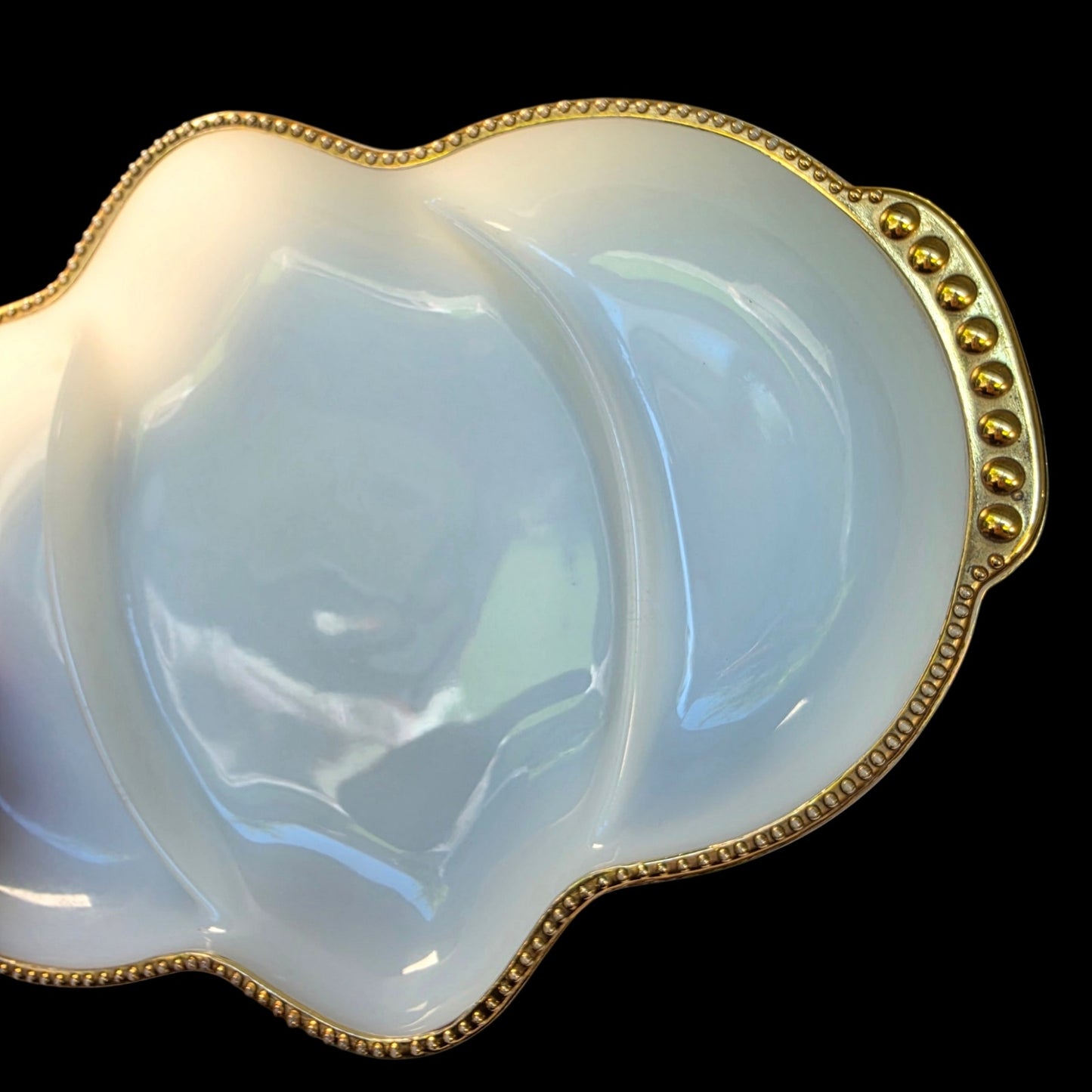 Vtg Fire-King Milk Glass Divided Relish Dish 22K Gold Trim Vanity Recency MCM