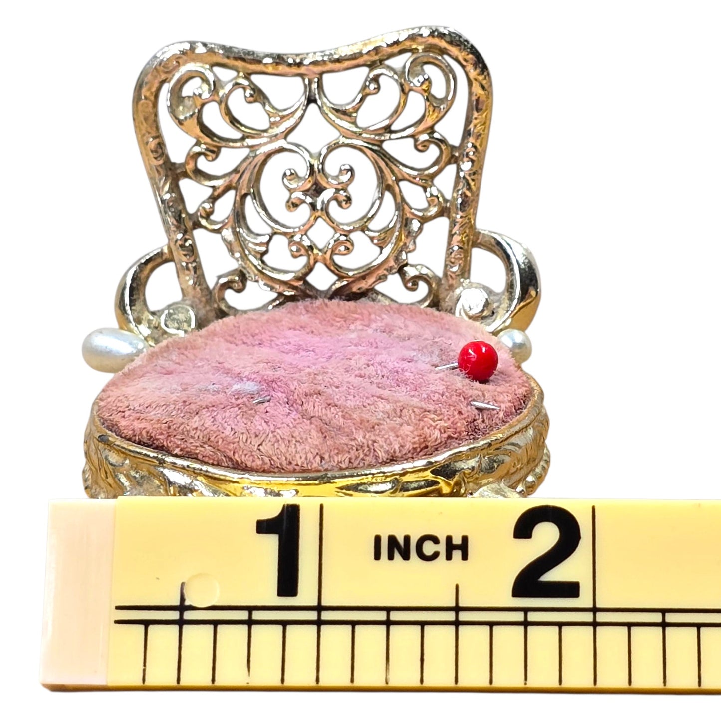 Vtg Sam Fink Miniature Chair Pin Cushion Ornate Gold Filigree Sewing Dollhouse