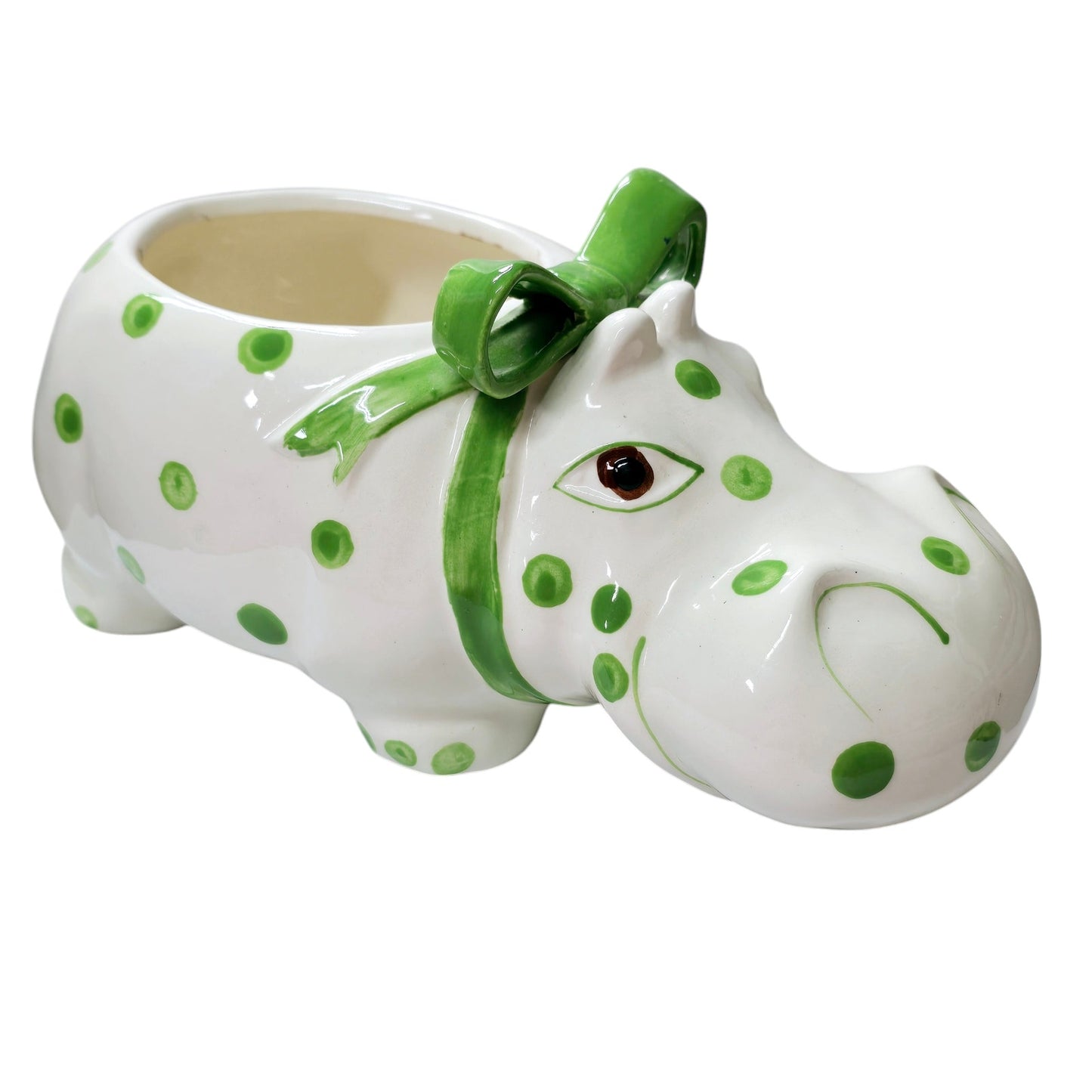 Large Ceramic Green Polkadot Hippo Planter with Green Bow 10" W