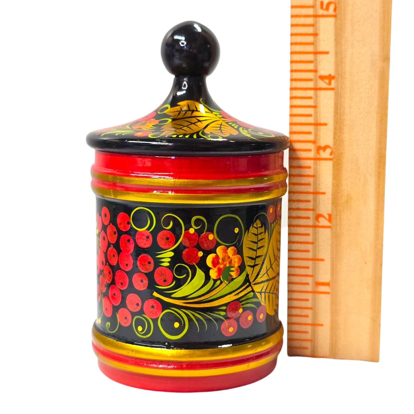 Vtg Russian Khokhloma Painted Wooden Lidded Jar Black Red Gold Floral Folk Art