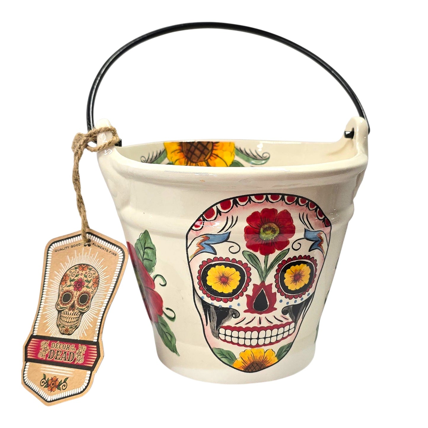 Maxcera Decor of the Dead Sugar Skull Ceramic Bucket Halloween Dia de los Muertos