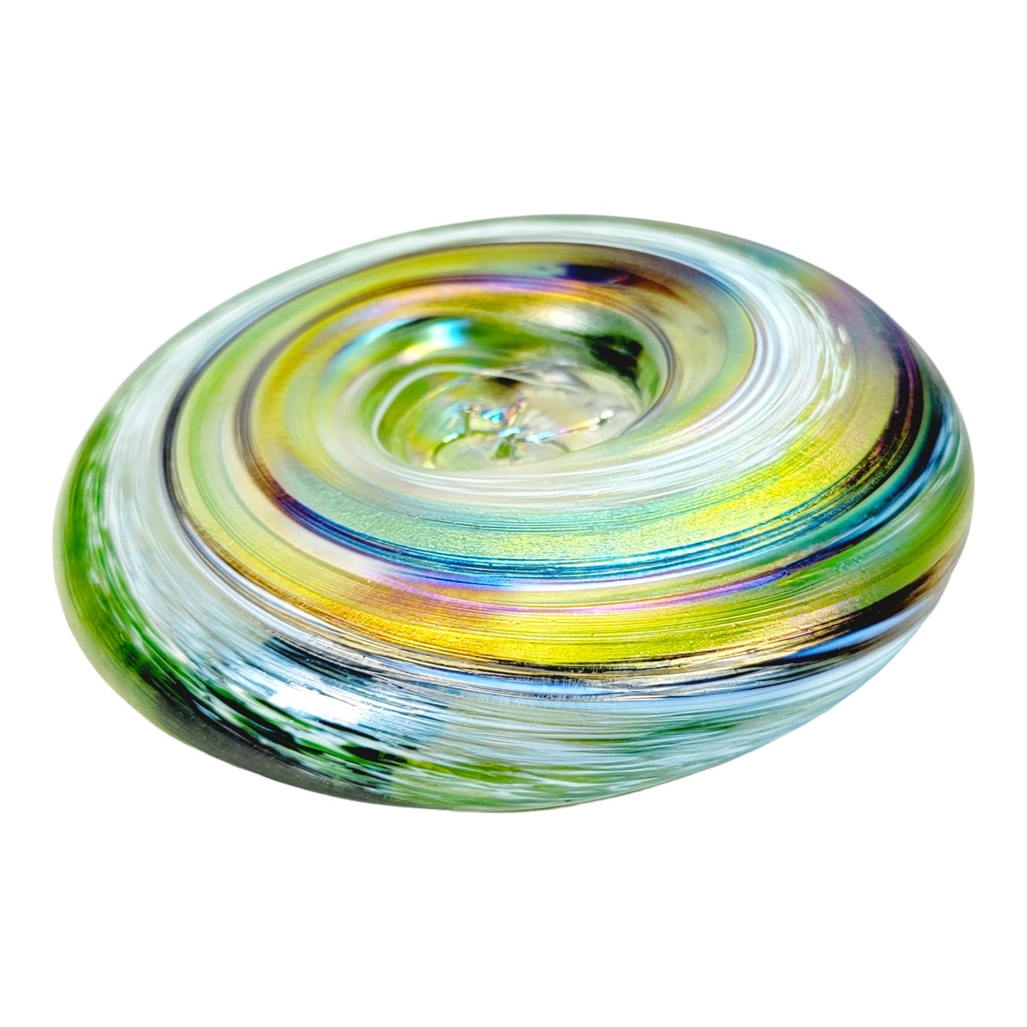 Scottish Borders Art Glass Tealight Candle Holder Iridescent Green Swirl